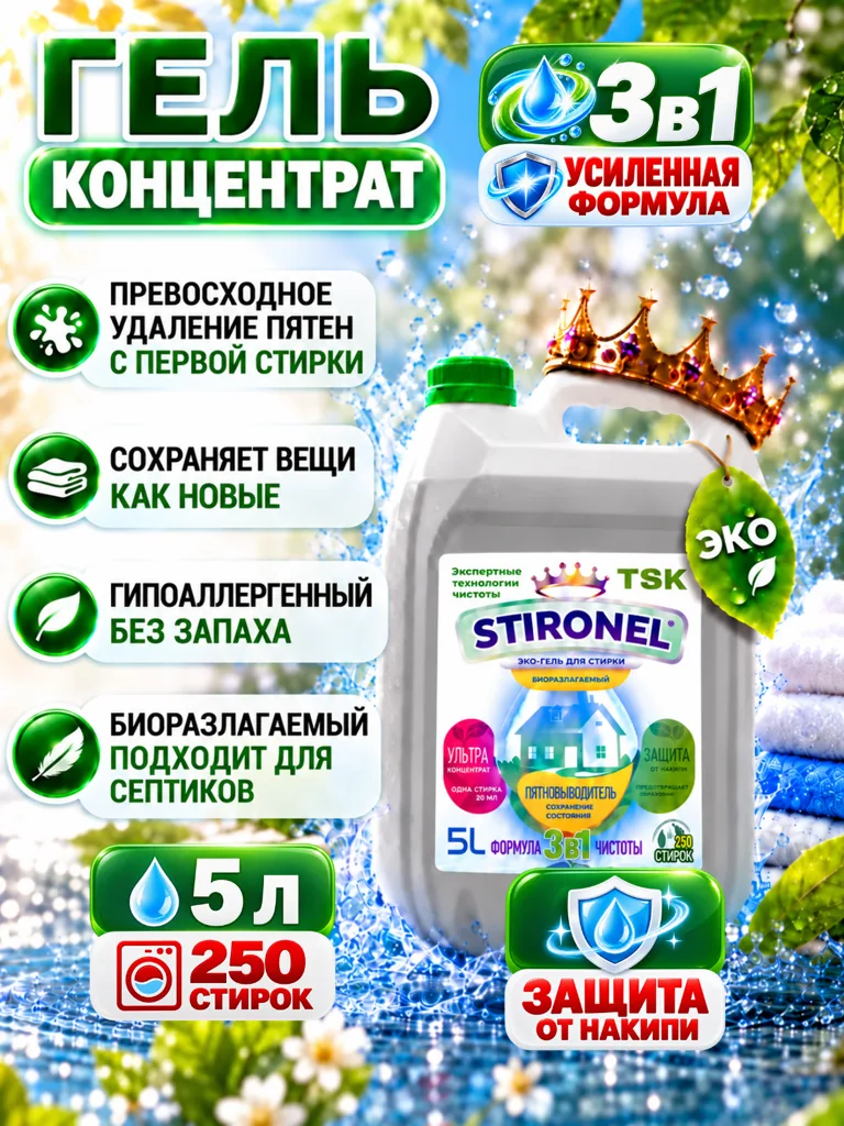 Stironel 3в1, гель-концентрат для стирки объёмом 5 литров